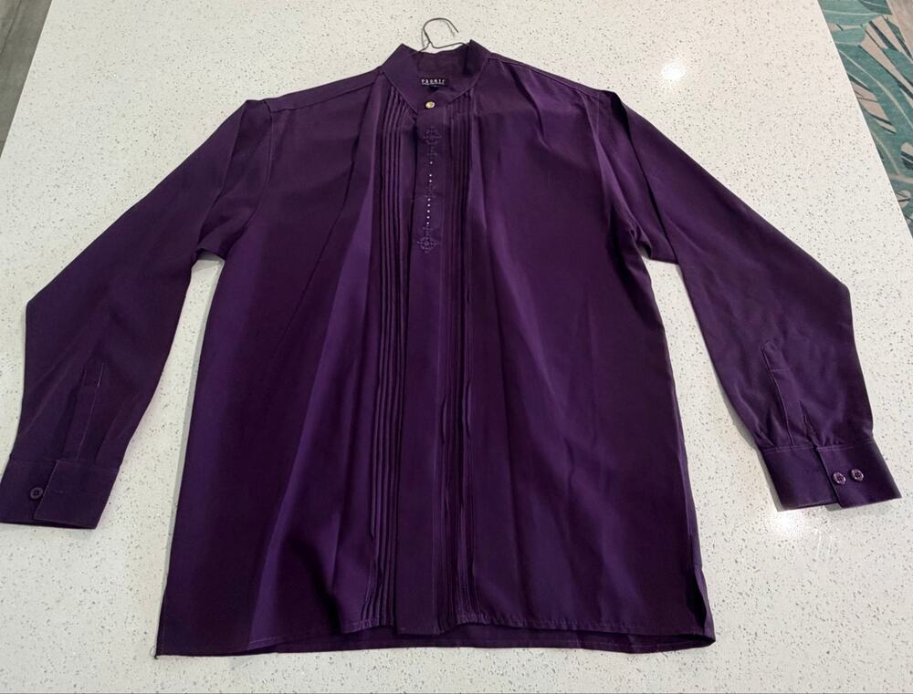 Pronti Mens Purple Mandarin Collar Shirt Long Sleeve Embroidered Size Large